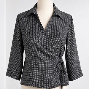 Anne Carson Silk Wrap Blouse  Black & White Tie Side Top Size Large